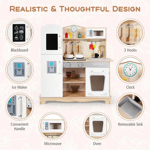 Miniatura 2 de Costzon Juego de cocina para niños, cocina de juguete de madera con luz y sonido, microondas, máquina de hielo, horno, fregadero y grifo, accesorios