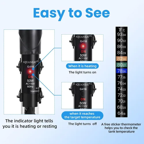 Miniatura 7 de Calentador de acuario AQUANEAT, calentador de 50W para tanque de peces, termostato de agua sumergible ajustable con termómetro