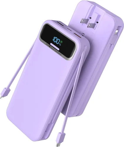 Miniatura 11 de Cargador portátil, 20000 mAh 22.5 W, cargador de batería de carga rápida con cables integrados y enchufe de pared, batería externa esencial de viaje
