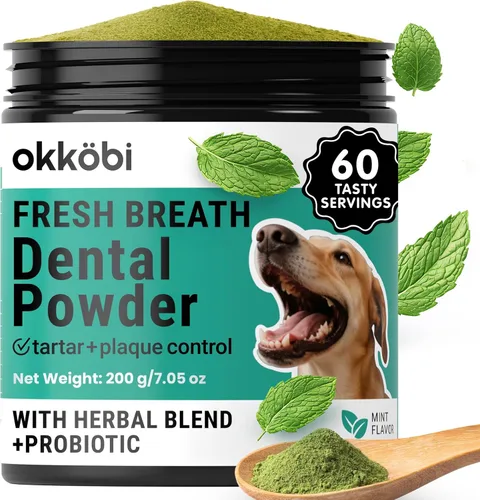 Polvo de limpieza de dientes de perro, ambientador de aliento de perro + cuidado dental para perros y gatos + removedor de sarro para dientes con