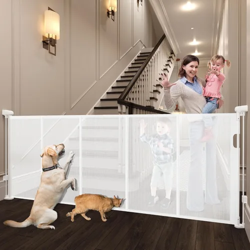Miniatura 11 de Puertas retráctiles para bebés de 200" extra anchas para gran apertura, puerta retráctil extra alta de 41" para perros, puertas para mascotas, Negro