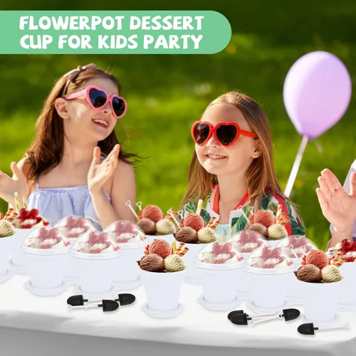 Miniatura 5 de Honeydak Paquete de 50 tazas de plástico para tartas de postre con tapa, pala, cuchara, bandeja inferior, tazas de postre, helado, yogur, Blanco