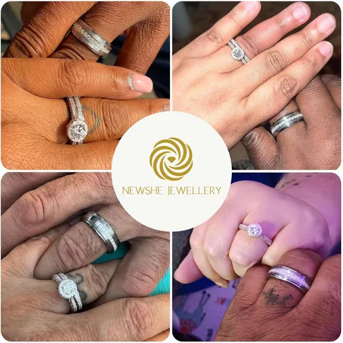 Miniatura 3 de Newshe Jewellery Juego de anillos de boda para él y para ella, bandas de tungsteno AAAAA, circonita redonda, 3 quilates, plata de ley 925