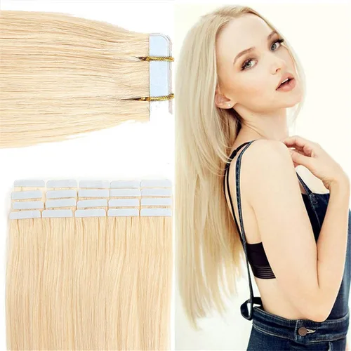 Miniatura 9 de Extensiones de cabello humano Remy con cinta adhesiva sin costuras (16 pulgadas, 10 unidades, rubio ceniza)