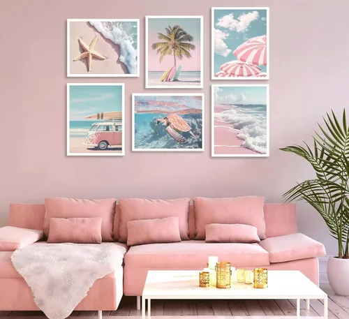 Miniatura 5 de 6 piezas de arte de pared de playa de verano fresco rosa tropical océano impresión de sillas de playa estrellas de mar tabla de surf palmera