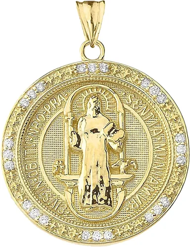 Colgante redondo de oro amarillo de 14 quilates diamante de 110 quilates 10in medalla de San Benito color J-K claridad I1-I2 metal Piedra preciosa