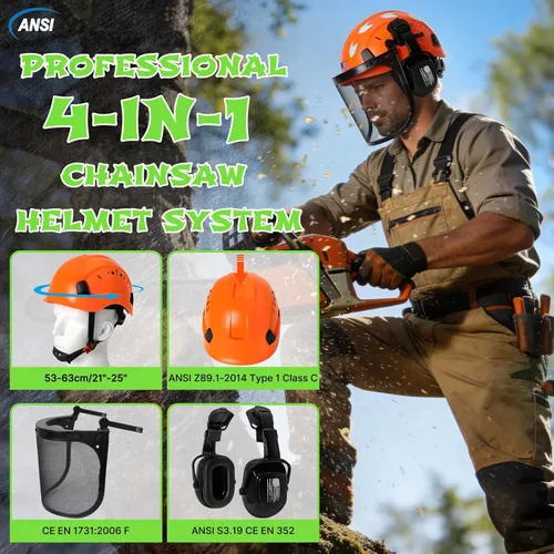 Miniatura 2 de Aolamegs Casco de motosierra con protector facial y orejeras, casco forestal naranja con protección auditiva y máscara de malla completa, casco