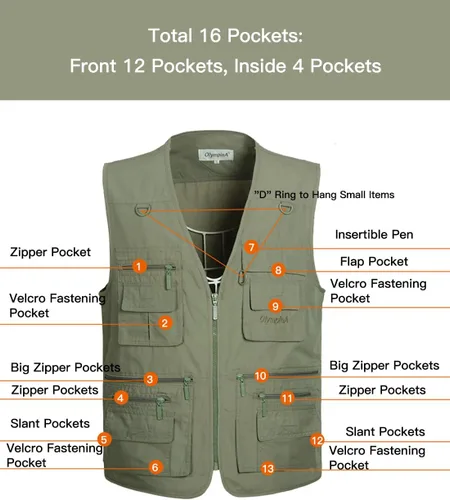Miniatura 2 de Chaleco Flygo para hombre, para pesca, trabajo, safari, viaje de reportajes o para actividades al aire libre en verano, con bolsillos