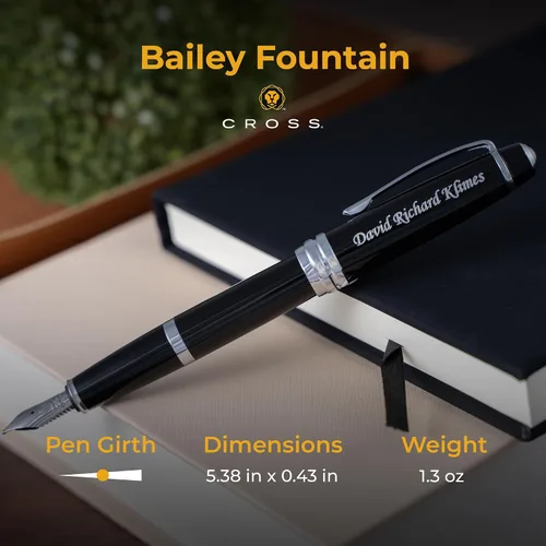 Miniatura 5 de Cross Bailey - Pluma estilográfica grabada, laca negra con borde plateado, anillo central con múltiples ranuras, grabado plateado en la tapa, regalo