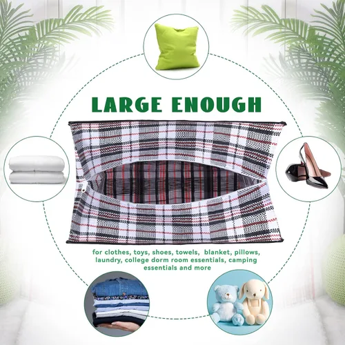 Miniatura 4 de Hoolerry 8 bolsas grandes de plástico para lavandería con cremallera de 82.5 L, bolsa de mudanza a cuadros resistente con asas para empacar ropa
