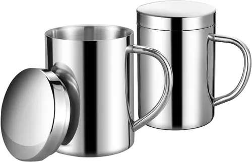 Tazas de metal de doble pared de acero inoxidable de 13.5 onzas, taza de café y té aislada con tapa y asa para acampar y uso diario (2 piezas)