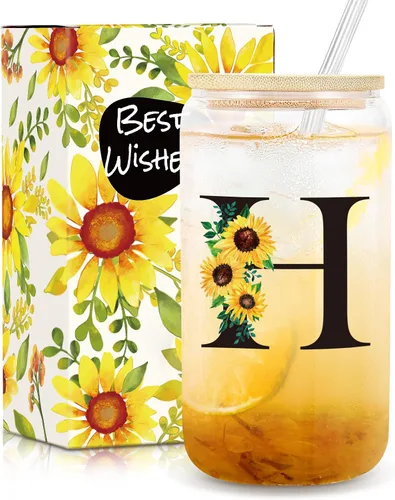 Miniatura 22 de Frerdui Regalos de cumpleaños para mujeres, vasos de vidrio con inicial con tapas y pajitas, regalo de girasol para mujeres, regalo personalizado