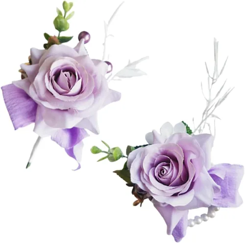 Wrist Corsage and Boutonniere Set for Bride Groom Bridesmaids Groomsmen Wedding Homecoming Flowers Prom Suit Accessories, Rose Boutonniere and