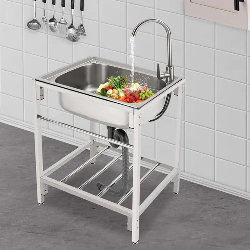 Miniatura 4 de Fregadero de cocina de acero inoxidable con soporte, fregadero de lavandería simple para el hogar con grifo, lavabo multiusos independiente