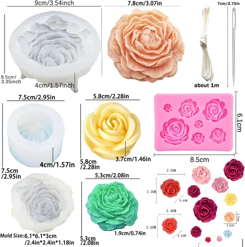 Miniatura 3 de 2 moldes de silicona de rosas (2 estilos), 2 moldes de peonía (3.54 pulgadas + 2.55 pulgadas) moldes de silicona para velas con aguja grande que