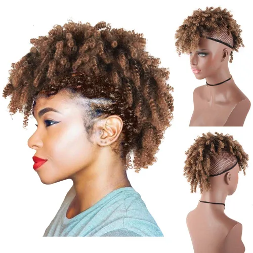 Miniatura 5 de Aisaide Cola de caballo afro Mohawk alta con flequillo sin cordón, extensión de cola de caballo corta rizada sin cordón, clip sintético en moño