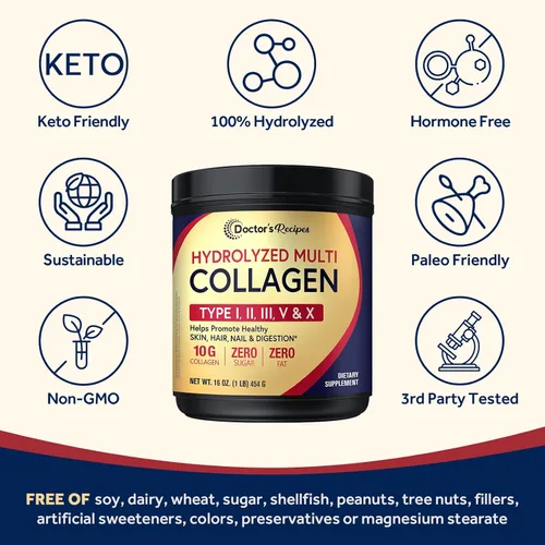 Miniatura 5 de Doctor's Recipes Polvo de péptidos de colágeno múltiple para mujeres y hombres, proteína hidrolizada bovina alimentada con pasto tipo I II III V X