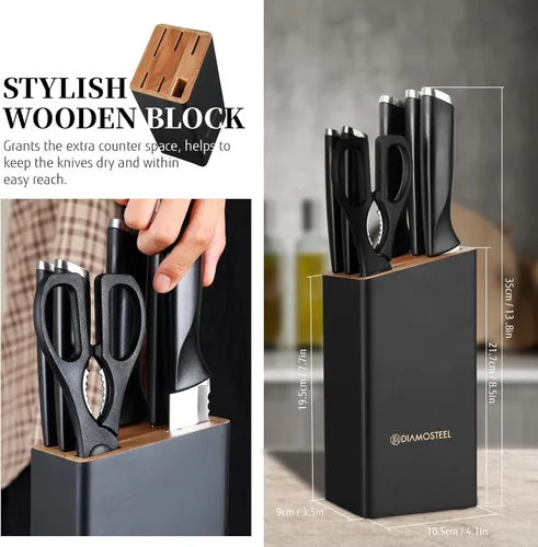 Miniatura 5 de juego de cuchillos negros con bloque de madera, juego de 7 piezas de bloque de cuchillos afilados con mango ergonómico de hoja de acero inoxidable