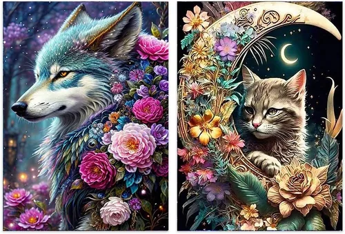 OFRKE Kits de Pintura de Diamantes de Gato y Lobo de 2 Piezas para Adultos, Kits de Arte de Diamantes 5D DIY de Taladro Completo Redondo para