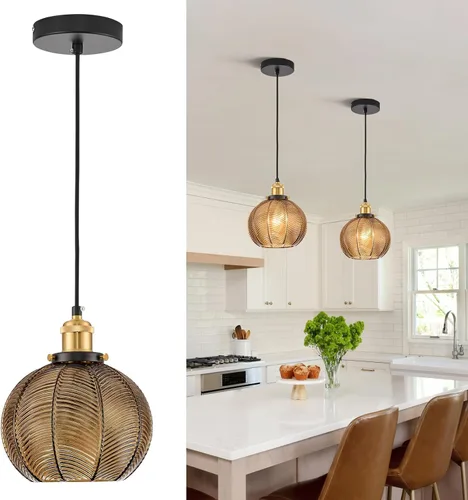 Miniatura 13 de Lámpara Colgante Vintage de 7.8 Pulgadas, Luces Colgantes de 1 Luz para Fregadero de Cocina con Vidrio Verde Soplado a Mano, Pequeña Lámpara