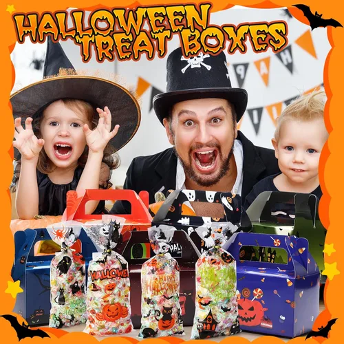 Miniatura 4 de ReliThick Paquete de 80 cajas de golosinas de Halloween con bolsas de celofán, cajas de dulces de galletas para golosinas de fantasma, bolsa