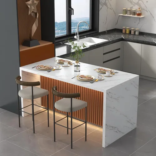 Miniatura 12 de Mesa de comedor grande de mármol de imitación de 63 pulgadas para 4-6 personas, mesa de isla de cocina con luces LED, mesa de comedor de cocina