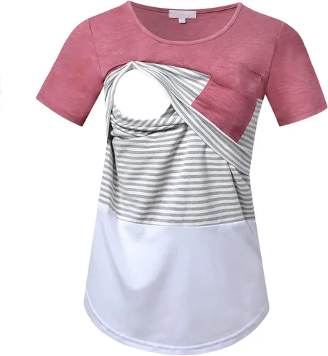 Miniatura 18 de Bhome Camiseta de lactancia con bloque de color de manga corta para lactancia materna camisa de embarazo con bolsillo
