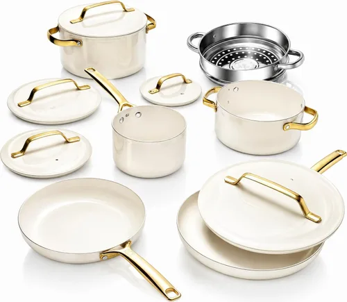 Gotham Steel Moderno juego de utensilios de cocina de cerámica de 11 piezas, elegante juego de ollas y sartenes antiadherentes con vaporera, parte