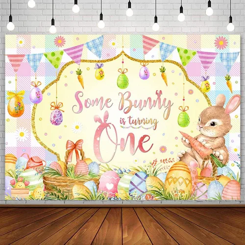 AIBIIN Fondo de fiesta de cumpleaños de 7 x 5 pies para bebé, Pascua, primavera, huevo, conejo, feliz primer cumpleaños, fondo de fotografía con