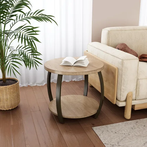 Miniatura 3 de Mesa auxiliar de tambor para sala de estar, mesa auxiliar redonda de mediados de siglo con almacenamiento, mesa auxiliar circular de 2 niveles, mesa