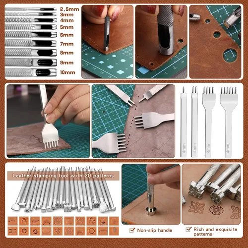 Miniatura 6 de TLKKUE Kit de Herramientas para Cuero Herramientas de Artesanía en Cuero Kit de Trabajo en Cuero con Alfombrillas de Corte de Bolso Personalizado