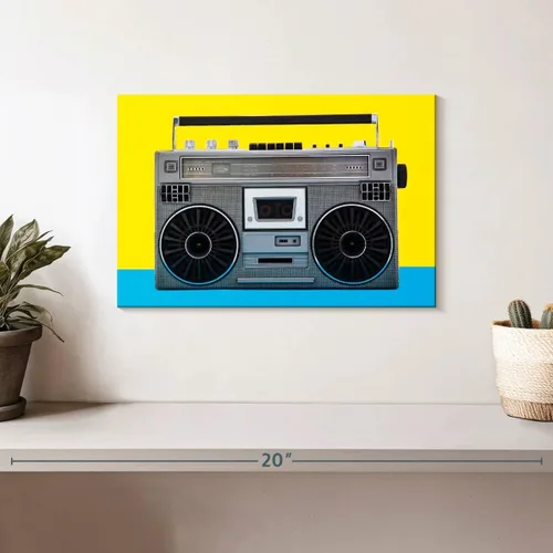 Miniatura 2 de ElephantStock - Retro Silver Boombox Wall Art - Horizontal Canvas Wall Art - Living Room Wall Decor - Photography Music Canvas Art - Yellow And