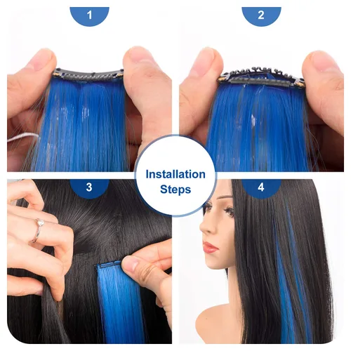 Miniatura 3 de 12 extensiones de cabello de colores rectas de 20 pulgadas, extensiones de cabello sintético con clip, color arcoíris, con reflejos, para fiesta