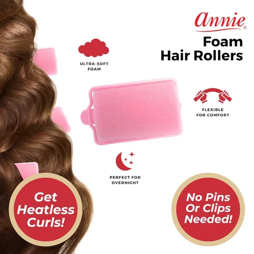Miniatura 2 de Rulos de Espuma Annie Jumbo, 6 unidades de rizos y ondas sin calor con esponja suave rosa, sin necesidad de pines o clips, para cabello húmedo