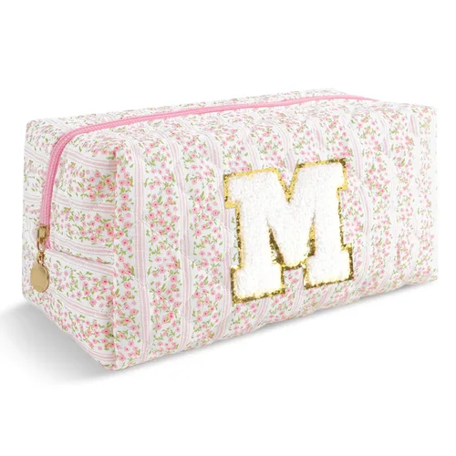 Miniatura 99 de Pequeña bolsa de maquillaje personalizada con inicial A-Z Preppy Patch, bolsa de cosméticos de viaje de felpilla blanca con cremallera, bonita bolsa