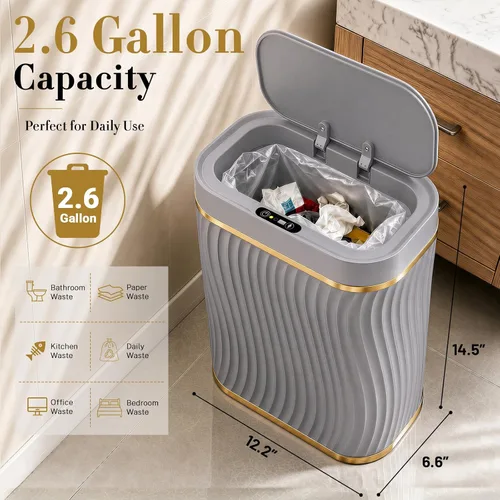 Miniatura 2 de Ogikey Cubo de basura pequeño para baño con tapa automática sin contacto, bote de basura inteligente de 2.6 galones, contenedor de basura estrecho e