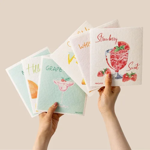 Miniatura 26 de RECYCO Paños suecos para cocina Paquete de 5 trapos geométricos lavables Toallas de papel de limpieza reutilizables de celulosa Paño