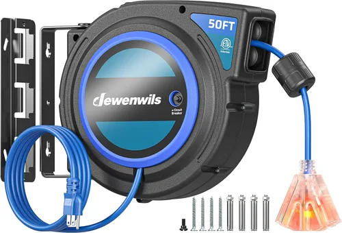 Miniatura 11 de DEWENWILS Carrete de cable de extensión retráctil, cable de alimentación resistente de 50 pies, 14AWG/3C SJTOW, 3 tomas de tierra con triple llave