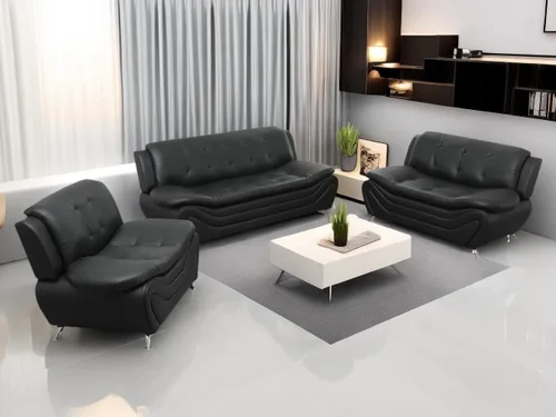Miniatura 6 de Sofás de cuero para sala de estar, juego de sofá para dormitorio, apartamento, juegos de muebles de sala (a-cuero negro, sofá+sofá biplaza+silla)