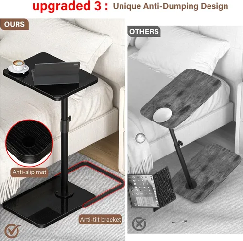 Miniatura 4 de Mesa C Mesa Auxiliar de Altura Ajustable, Bandeja de TV Giratoria 360°, Base Mejorada de Metal y Madera para Evitar Deslizamientos, Mesas de Negro