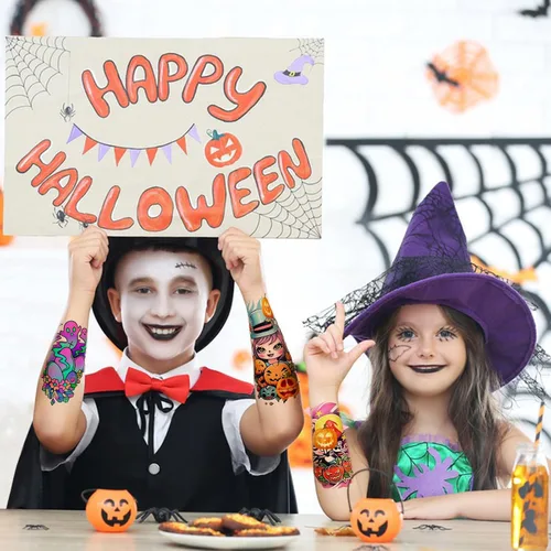 Miniatura 3 de Tatuaje temporal de brazo completo para niños, 52 hojas de tatuajes falsos de Halloween realistas para niños y niñas, recuerdos de fiesta