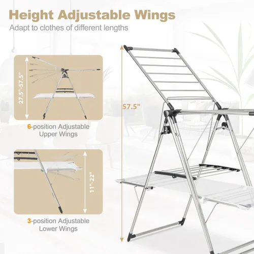 Miniatura 5 de Tangkula Estante de secado de ropa plegable, estante de secado de ropa de 2 niveles con barra colgante alta, ala de gaviota ajustable en altura