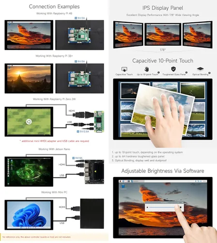 Miniatura 5 de waveshare Pantalla táctil capacitiva IPS de 10.1 pulgadas, resolución de 1280 × 800, interfaz HDMI, compatible con Raspberry Pi 5/4B/3B/Zero/Zero
