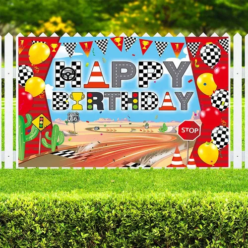 Miniatura 3 de Cartel de fondo de feliz cumpleaños de coche de carreras, fondo de fotografía de carril de carreras para niños, decoración de fiesta de carreras