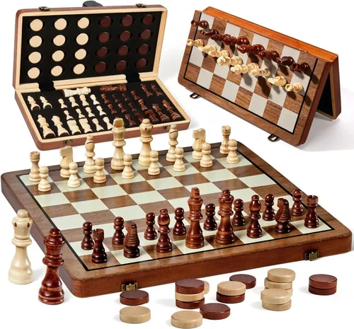 MerryPony Juego de ajedrez y damas de madera magnético 2 en 1, juego de ajedrez plegable de 15 pulgadas para adultos y niños, tablero de ajedrez con