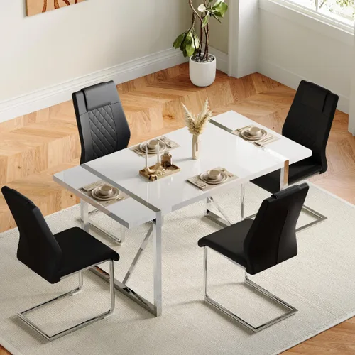 gopop Juego de 4 mesas de comedor para 4, juego de 4 sillas de mesa de cocina, mesa lacada blanca de alto brillo de 55 pulgadas y marco de metal