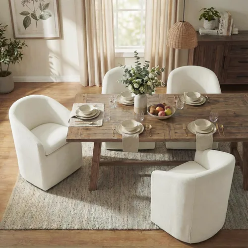 Miniatura 6 de KISLOT Sillas de comedor tapizadas con ruedas, funda lavable, sillas de comedor modernas con respaldo de barril y reposabrazos dobles para cocina