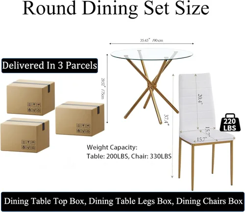 Miniatura 2 de Juego de comedor redondo de vidrio para 4 personas, mesa de comedor de vidrio compacta con sillas de piel sintética con patas doradas para espacios