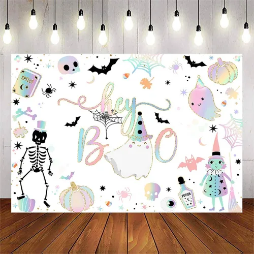 Miniatura 7 de Avezano Cartel de fondo de Halloween de Hey Boo de 7 x 5 pies, pancarta espeluznante de Little Boo, decoraciones para fiestas de Halloween para Negro