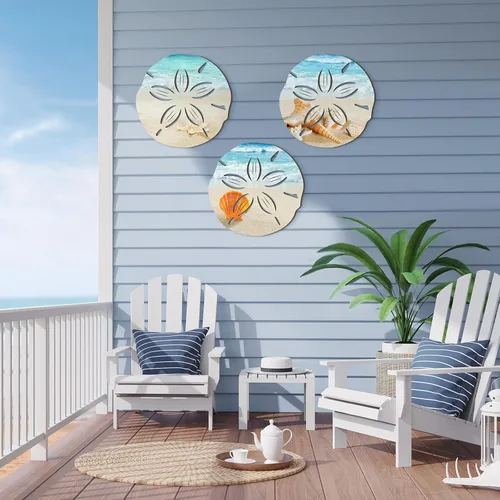 Miniatura 4 de Tatuo 3 piezas de decoración de pared costera de verano para baño, playa, arte de pared azul, tortuga de mar, tabla de surf, caballito de mar